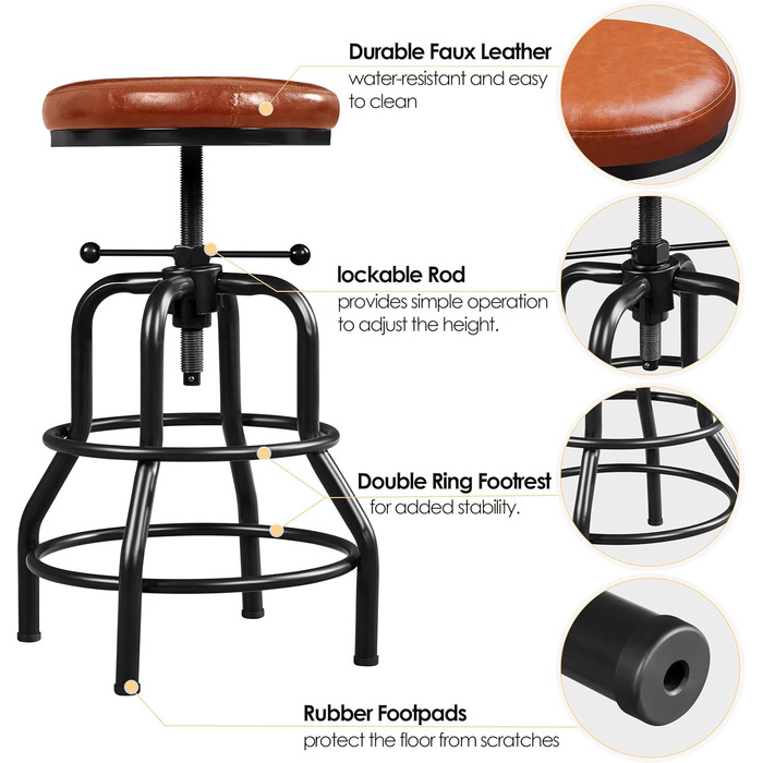 Yaheetech Adjustable Height Vintage Bar Stool with Thick Cushion - Faux Leather Counter Stool for Kitchen, Dining Room, Bar, Cafe
