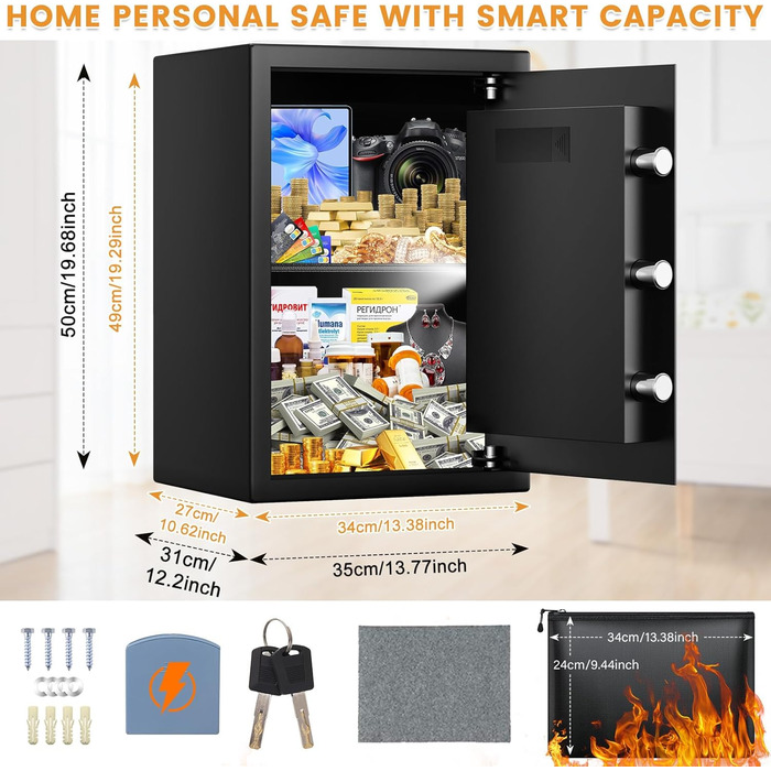 Мобільний сейф Mejasg Safe Tresor: компактний вогнестійкий сейф для дому, грошей, медикаментів та коштовностей (23x17x17 см, 65л)