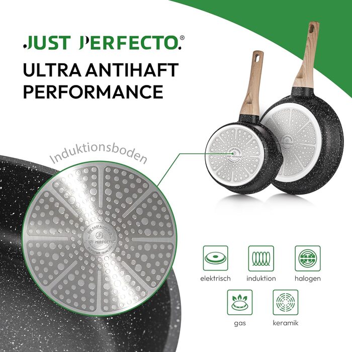 JUST PERFECTO Induction Cookware Set - Frying Pan Set with Lid - 24cm Frying Pan, 28 cm Frying Pan - Cookware Set 28cm Non-Stick Pan without PTFE and PFOA (15-Piece Black)