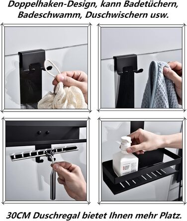 HomeHeng Shower Shelf for Hanging, Stainless Steel Shower Basket Shelf, Matte Black Shower Shelf Shampoo Holder with Hooks for Glass Shower Enclosure, H30MB-1DH