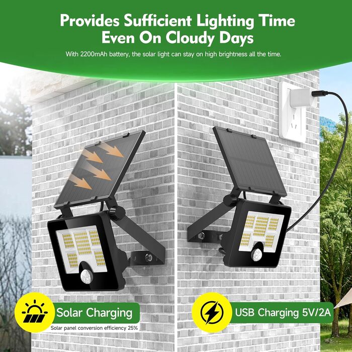 Solar Security Light for Outdoors with Motion Sensor, 122 LED 4 Modes Spotlight, USB Cable 2200mAh IP65 Solar Light Fence Light for Garden 【2 Pack】