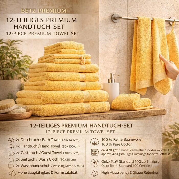 Набір рушників Betz Premium 12 предметів, 100% бавовна, Oeko-TEX, м'які та гігроскопічні (колір: медово-жовтий)