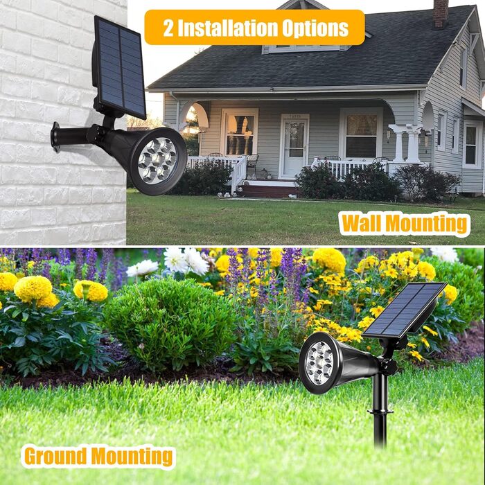T-SUN LED Solar Spotlights, 2 Pack 4 LED Solar Garden Lights, Bright Garden Light, 2 Lighting Modes, Security Lighting, Large Outdoor Light for Lawn, Paths, Terrace (Cool White 6000K) (7led-warmwhite, 2 Pieces)