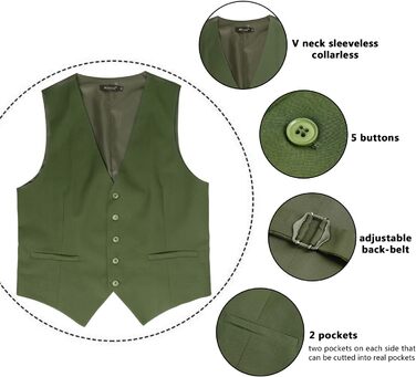Айзеа Кашіше однотонна чоловіча жилетка для ділового костюма, нормальний крій, смокінг-жилетка для весілля (XL, хакі)