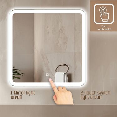 Дзеркало для ванної кімнати Venti 60x60 см з підсвічуванням та сенсорним вимикачем, LED дзеркало для ванної, квадратне дзеркало на стіну