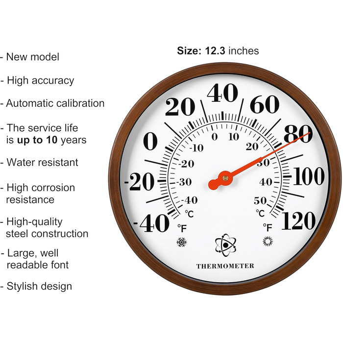 MIKSUS 12.3 Large Number Premium Thermometer Outdoor Indoor Waterproof Decorative (Improved Accuracy and Design)