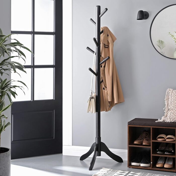 VASAGLE Coat Rack, Solid Wood Clothes Rack, Coat Stand with 8 Hooks, Tree Shape, 3 Adjustable Heights, for Coats, Jackets, Bags, for Entryway, Bedroom, RCR01GY (Black)
