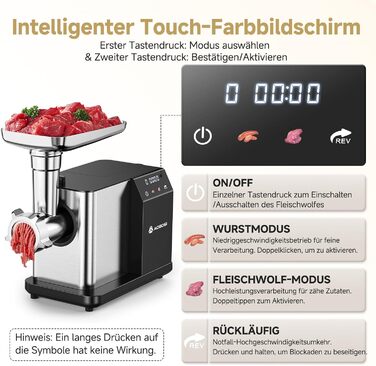 AAOBOSI Electric Meat Grinder - 3000W, LED Display, 3 Speeds, Anti-Clogging, Sausage Maker & Kibbeh Maker - Stainless Steel for Home Use