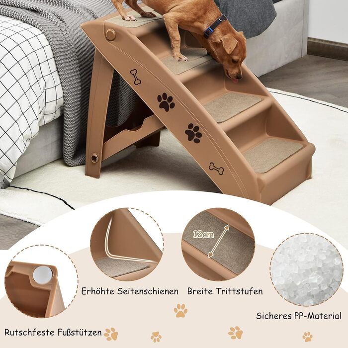 Сходинки для домашніх тварин GYMAX з 4 сходинками, складана драбинка для собак і котів з пластику, з антиковзкими накладками, 4 килимками та трикутною структурою, допомога у підйомі для котів та собак (колір: кава)