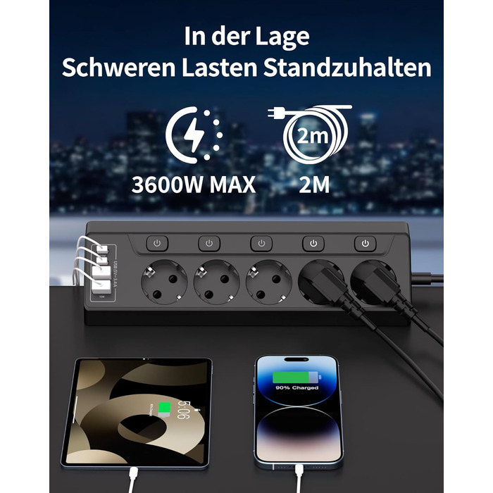 Мережевий фільтр 5-фазний з USB та LED, чорний - для дому, кухні, офісу