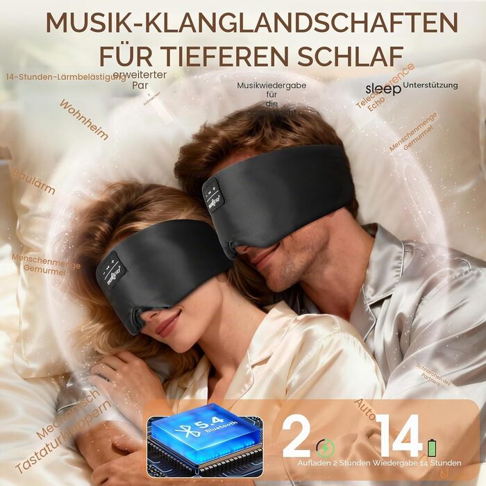 Маска для сну з Bluetooth навушниками Musicozy з 100% шовку Мульбері, 3D маска для сну для тих, хто спить на боці, повна затемненість, без тиску на очі та вуха, м'яка, дихаюча, 14 годин автономної роботи, чорна