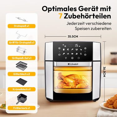 Фритюрниця повітряна 15л, мультифурна з конвекцією 1800W, 10 в 1, з нержавіючої сталі, чорно-срібна