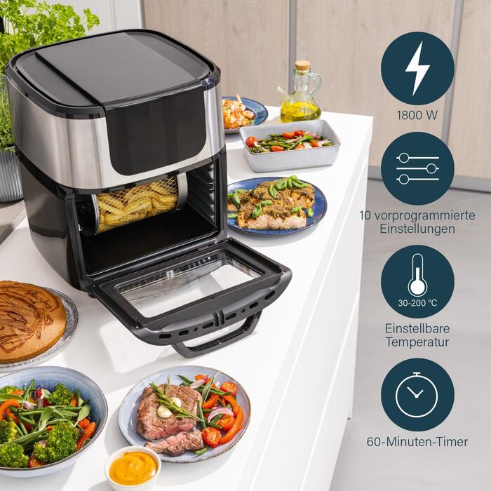 Princess Aerofryer Oven Deluxe - 11 Liter Capacity; 1800W; 65-200°C; 10 Programs; incl. Rotating Basket, Rotisserie Spit, 3 Baking Sheets, Crumb Tray, Handle, 182075, Black/Silver REGULAR 11L