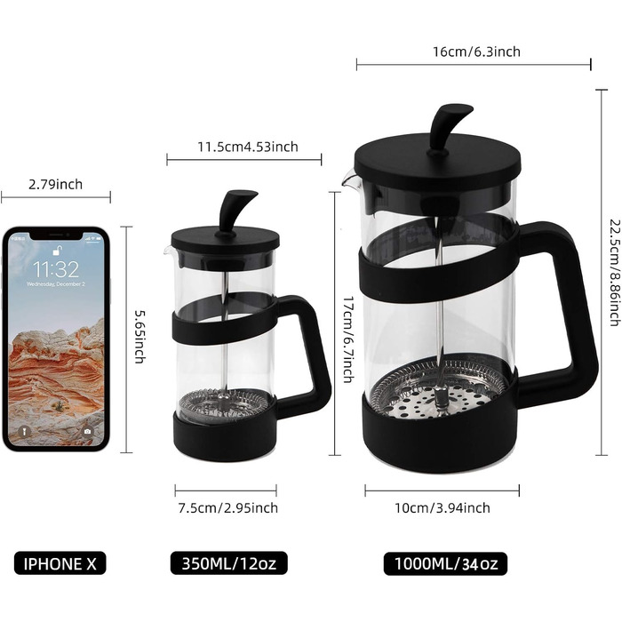 RAINBEAN French Press Maker, 3/6 Cup Coffee Maker Coffee Press for Filter Coffee, Loose Leaf Tea, and Milk Foam, with Triple Stainless Steel Filter, Heat-Resistant Borosilicate Glass, (1000 ML)
