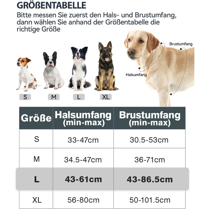 Нашийник для собак Joytale середнього розміру, світловідбиваючий, дихаючий, регульований з ручкою для прогулянок та тренувань, сірий (M, 1 шт.)