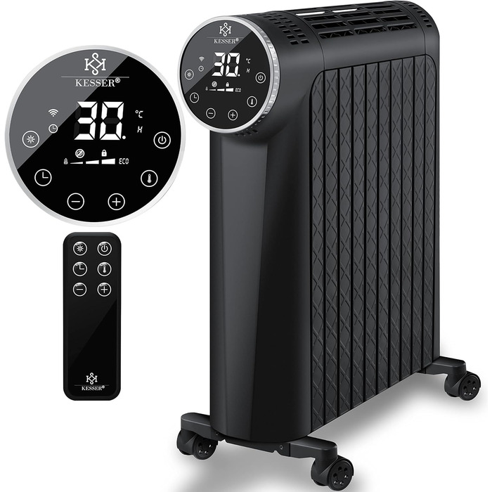 Електричний масляний радіатор KESSER 2500W з WiFi, дисплеєм, термостатом, таймером, сенсорним управлінням і захистом від перегріву, чорний