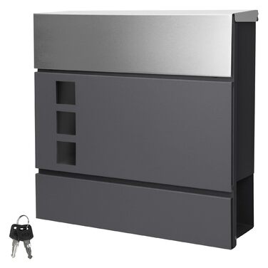 Поштова скринька настінна ECD Germany з газетницею, антрацит/срібло, 37x10.5x36.5 см, нержавіюча сталь, вікно огляду, 2 ключі, кріплення. Сучасний дизайн.