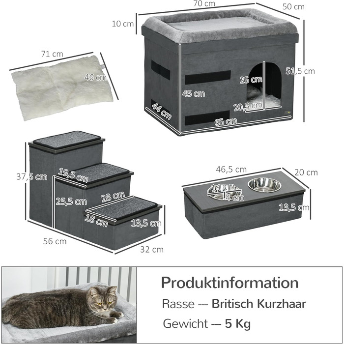 Кігтечка PawHut для котів та собак: будиночок з драбиною, 2 миски, м'яке ліжко, сірий, 78x48x49.5 см