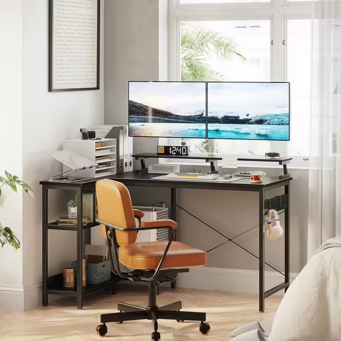 ODK L-Shaped Desk, Desk with Shelf Reversible, Gaming Desk L Shape Desk with Monitor Stand, Computer Desk PC Desk Office Desk for Home Office (Brown, 120x80x88cm)