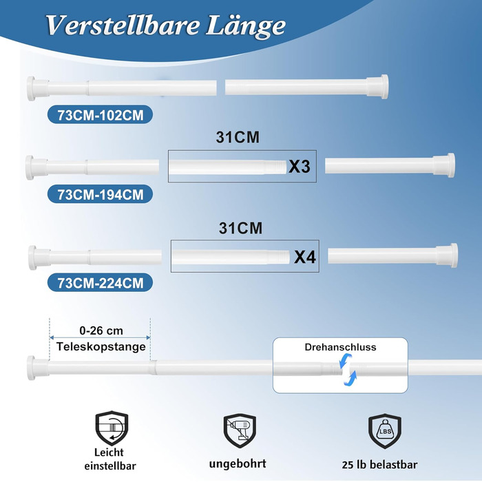 Штанга для душу без свердління 73-224 см, біла. Розсувна штанга для ванної кімнати, душу, вітальні.