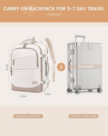 LOVEVOOK Рюкзак для ручної поклажі 40л, для подорожей, з відділенням для мокрого та сухого, для ноутбука, 45x36x20 см (Бежевий Хакі)