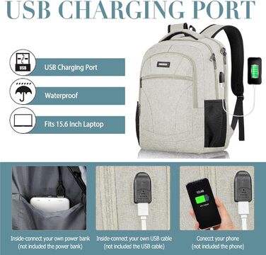 Рюкзак BIKROD для чоловіків та жінок, шкільний рюкзак для хлопчиків та дівчаток-підлітків, 15.6 дюймів, для ноутбука, робочий, для подорожей, кемпінгу, USB-порт для зарядки, 15.6 дюймів (15.6 дюймів, Бежевий)