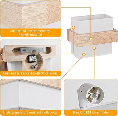 Настінний світильник Gleonlux Wandleuchte Holz, Внутрішнє освітлення в стилі ретро, Boho, Industrial, для дому, сходи, вітальня, спальня, коридор, матеріал: дерево, тканина, цоколь E14, розмір 22.5x13x20 см