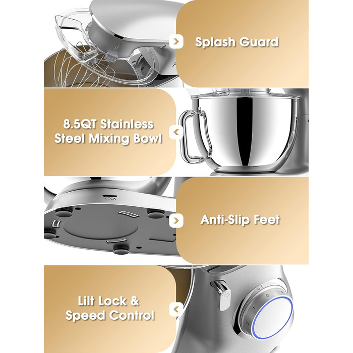 Facelle 2000W 8.5L Stand Mixer - Heavy Duty Dough & Bread Machine with Whisk, Dough Hook, Beater & Splash Guard for Baking Cakes, Cookies & Kneading - 6+ Speed (Silver)