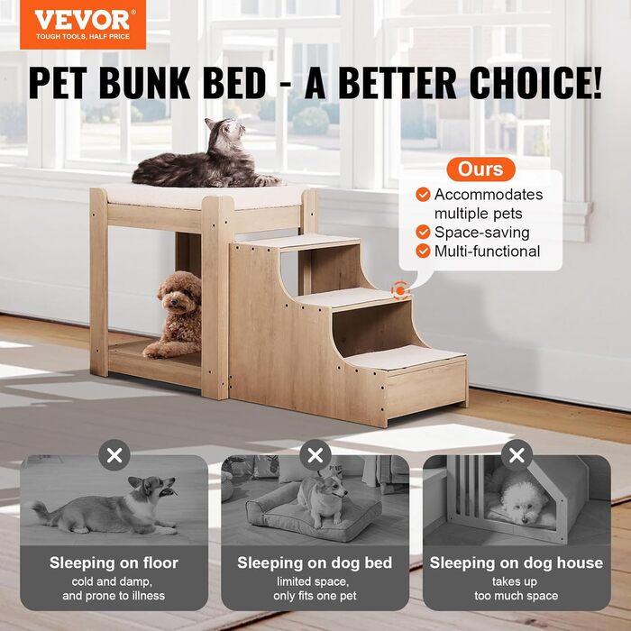 Багатоярусне ліжко для тварин VEVOR з драбиною, місцем біля вікна для собак/кішок, багатоступеневе ліжко, лежанка для собак, платформа з м'якими подушками, лежанка для домашніх тварин 120x50x65 см (Бежевий)