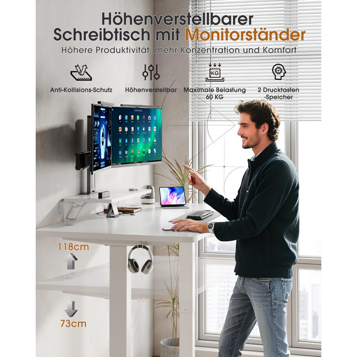Adjustable Height Standing Desk with Monitor Stand - 120x60cm & 180x80cm White