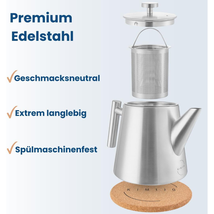 Заварник для чаю Teekanne з ситечком, 1 л, нержавіюча сталь, з функцією підігріву та пробковим підстаканником, двостінний чайник для листового чаю та трав'яних настоїв