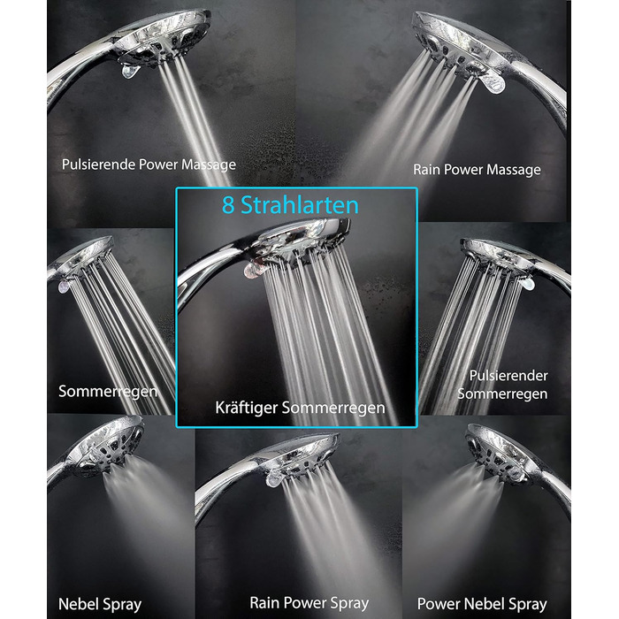 BLUMBACH® Shower Head - Water-Saving - High-Pressure Aqua Joy Shower Head - 8 Spray Patterns, Pressure-Boosting Shower Head, Shower Head, Water-Saving Shower Head, High Water Pressure Strong Jet