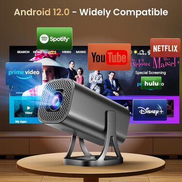 Міні проєктор Beamer 4K 1080p з Android 12.0, WiFi 6, Bluetooth 5.4, 22000 люмен, автокорекція трапецеїдальних спотворень, поворот 270°, підключення PC/HDMI/USB/TF, сірий