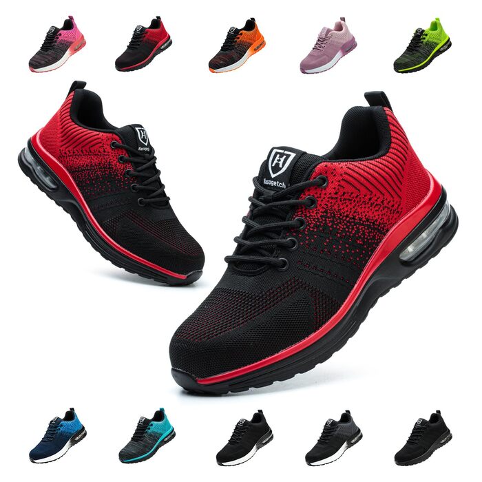 Легкі робочі черевики для чоловіків та жінок. Безпечні, антиковзкі, спортивного стилю, зі сталевим підноском. Дихаючі робочі черевики (40 EU, Червоний)