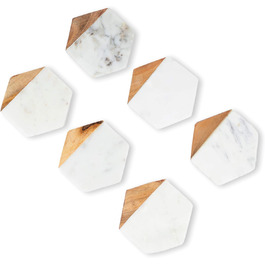 GoCraft Coasters made of marble and mango wood, handcrafted, geometric, white. Marble coasters for drinks, wine glasses, beverages, cocktails, and bar glassware. Elegant home decor (Set of 6)