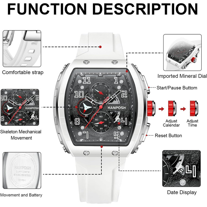 HANPOSH Чоловіжі годинники: аналогові кварцові годинники для спорту та тактики, водонепроникні, чорно-білі