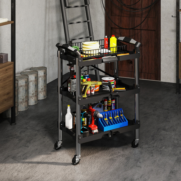 HOMCOM 3-Tier Rolling Tool Cart, Folding Tool Wagon with Handle, Assembly Cart Workshop Cart for Warehouse, Garage, Load Capacity up to 68 kg, Black | Aosom