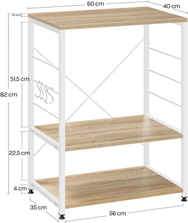 WOLTU Kitchen Shelf, Freestanding Shelf, Microwave Holder, Baker's Rack, Metal Shelf with Wood and Steel, with 3 Shelves, approx. 60 x 40 x 82 cm, White + Light Oak