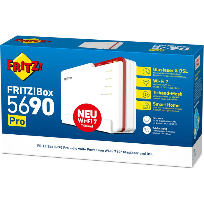 Роутер FRITZ!Box 5690 Pro: Wi-Fi 7, DSL/Glasfiber, Mesh, DECT, 18.5 Gbit/s