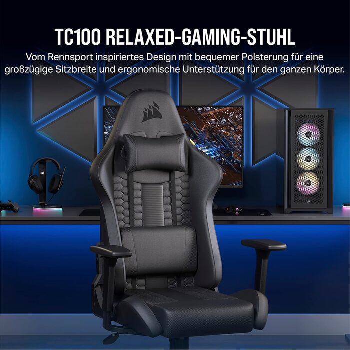 Ігрове крісло Corsair TC100 Relaxed з екошкіри, чорне, ергономічне, регульовані підлокітники, подушка для попереку та знімна подушка з піни пам’яті, стиль автоспорту