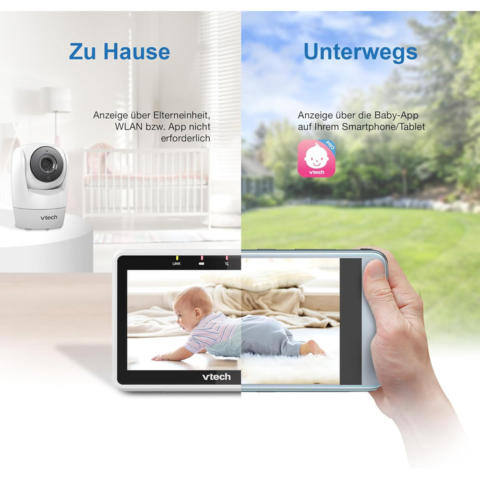 Vtech VM901-1W WiFi камера: розумний дитячий монітор з 5-дюймовим HD-дисплеєм, 1080P, поворотна камера, мобільний додаток, широкий кут огляду 120°, сумісність з iOS та Android