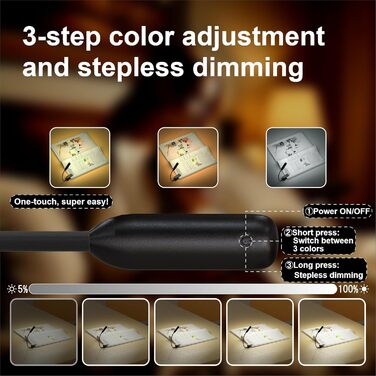 LED лампа для читання з кліпсою, USB перезарядна, 3 режими температури кольору, регульована яскравість, 360° гнучкий світильник для ліжка, столу та подорожей, білий (чорний)