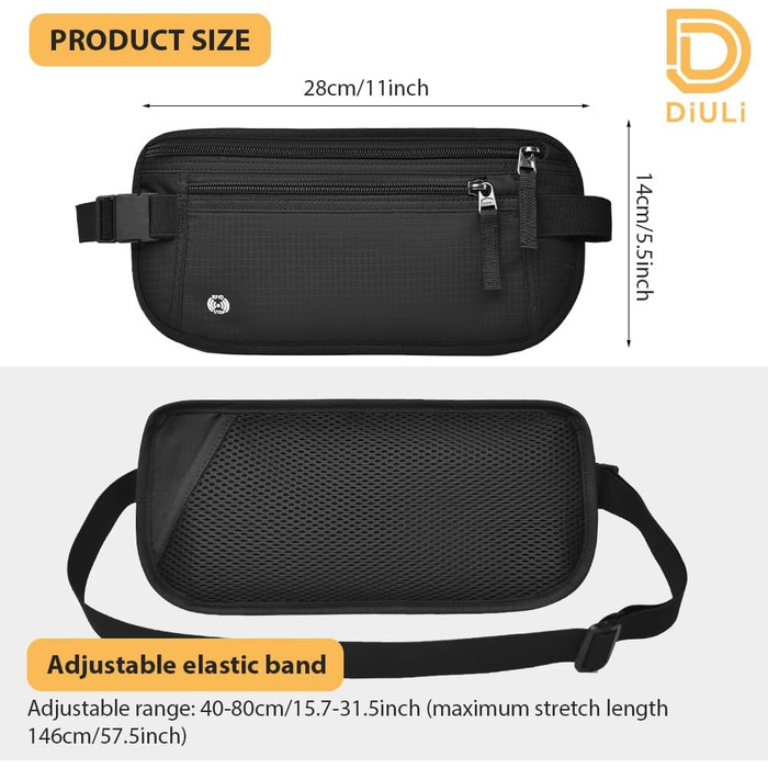 Чоловіча/Жіноча поясна сумка DiULi, чорна, з двома блискавками та регульованими ремінцями для спорту, подорожей та активного відпочинку
