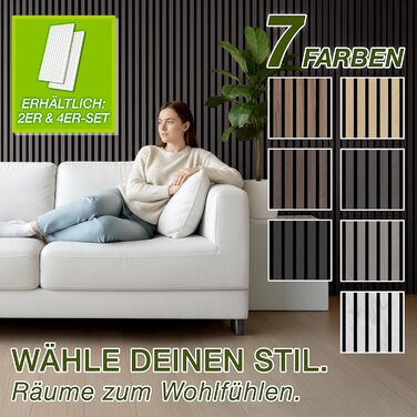 Акустичні панелі TRESKO з дерева 120×60x2,1 см, 2 шт. — 3D стінові ламелі для шумоізоляції, колір Дуб Антрацит, з набором для монтажу та 4 вішаками