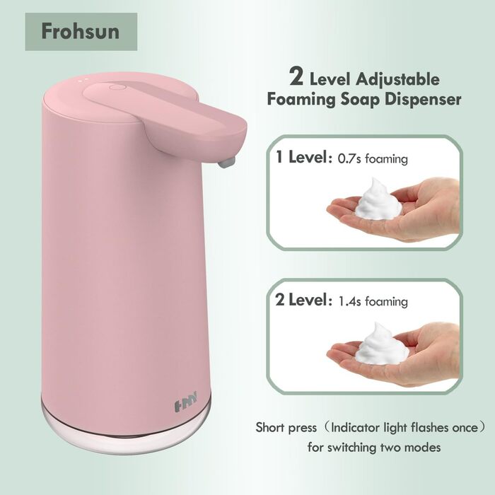 Frohsun Automatic Soap Dispenser - Rechargeable, Touchless, 350ml, IPX7 Waterproof, 2 Foam Settings, Motion Sensor for Kitchen, Bathroom & Hotel (Pink)