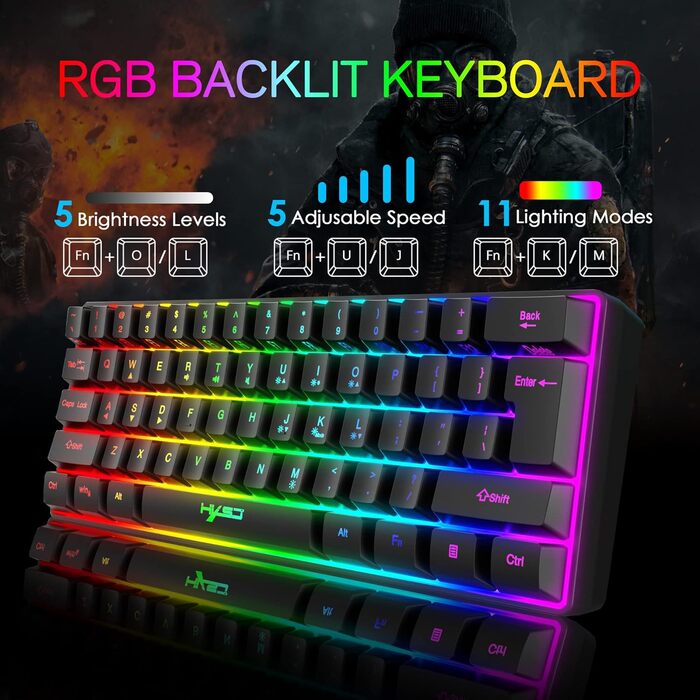 Ігровий набір 4 в 1: Клавіатура, миша, навушники та килимок для миші. Клавіатура 60%, 61 клавіша, RGB, Anti-Ghosting. Миша: 2400 DPI, оптична, RGB. Колір: білий (з навушниками), чорний (з перехідником).