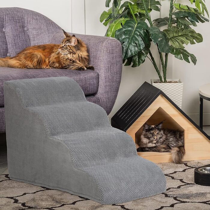LIANTRAL Dog Stairs, 3 Steps Dog Staircase for Bed and Sofa, Made of High-Density Sponge, Cat Stairs Dog Ramp with Removable, Washable Cover and Pet Hair Remover Roller, 40 cm High (4 Steps Grey)