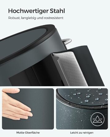 Кошик для сміття у ванну кімнату SONGMICS PARRI LTB11WT, сталевий з м'яким закриттям Softclose та виймаюмим пластиковим відром, 3 л, білий