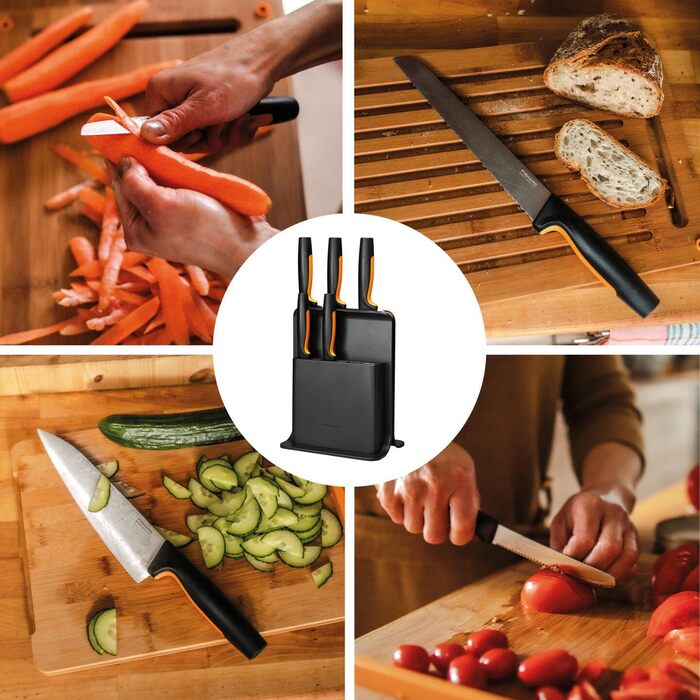 Набір ножів Fiskars Functional Form: блок з 5 ножами (овочевий, для томатів, Santoku, кухонний, для хліба), пластик, чорний