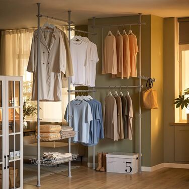 SoBuy KLS04-SCH Telescopic Clothes Rail with 5 Clothes Rails and 2 Baskets Telescopic Wardrobe System Adjustable Shelf System B (209-311) x H (200-285) cm (Light Grey)